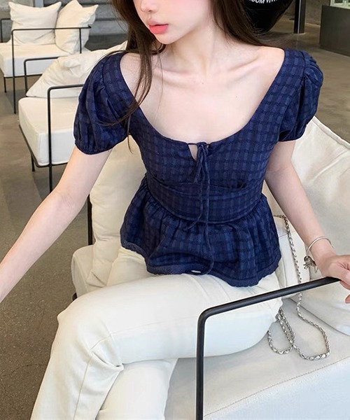 gossip!ロサンゼルス(ゴシップロサンゼルス)の「ウエスト切替え エレガントパフスリーブトップス(その他トップス・レディース・ネイビー/ホワイト・FREE)」の9枚目の写真