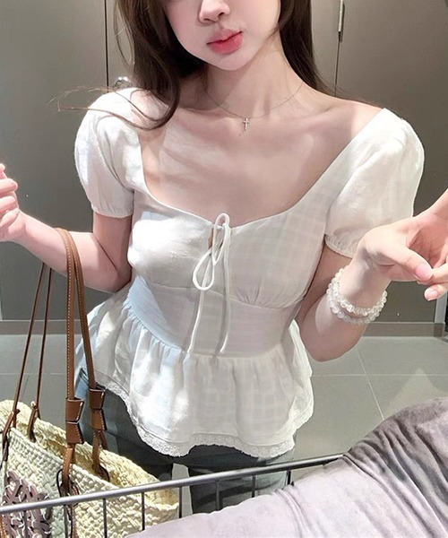 gossip!ロサンゼルス(ゴシップロサンゼルス)の「ウエスト切替え エレガントパフスリーブトップス(その他トップス・レディース・ネイビー/ホワイト・FREE)」の3枚目の写真