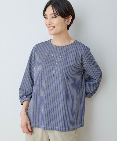 DECOY SINCE 1981(デコイシンスイチキュウハチイチ)の「【接触冷感・UVカット】ストライププルオーバー(Tシャツ/カットソー・レディース・ネイビー/ブルー/サックスブルー・L/LL/3L/M/4L)」の1枚目の写真