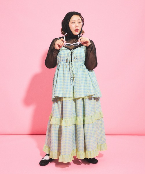 PUNYUS（プニュズ）の「ギンガムチェックフリルティアードロングスカート（スカート・レディース・ブラック/イエロー/ピンク・1/2/3/4）」の22枚目の写真