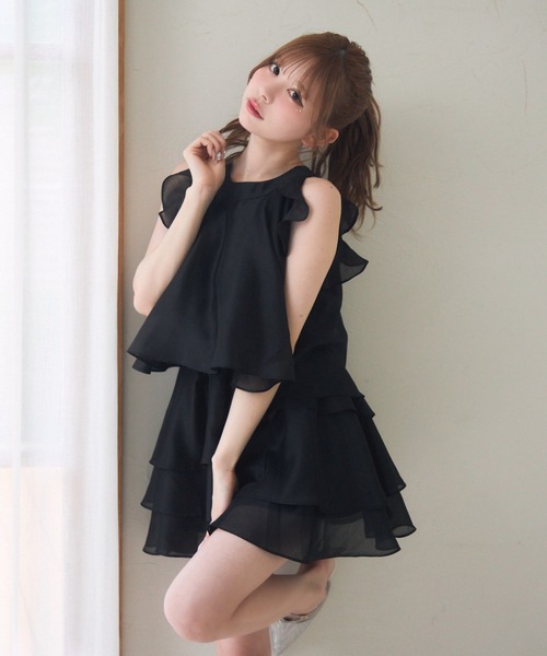 【限定1着】ハンドメイド　レディース　ノースリーブワンピース　リップル♬ セール】ノースリーブフリルティアードワンピース（ワンピース