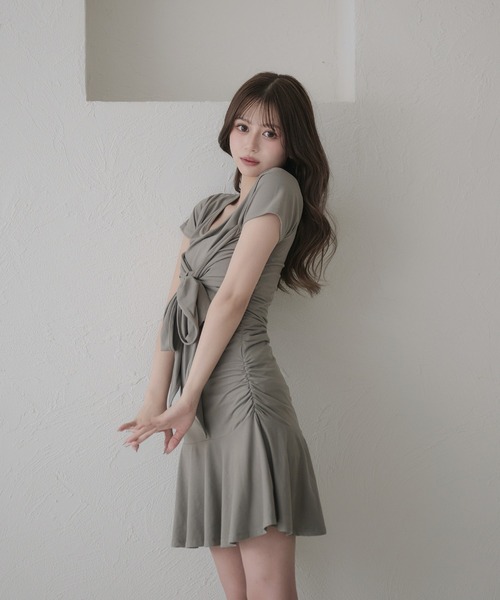 front ribbon cut gather mini onepiece / フロントリボンカット