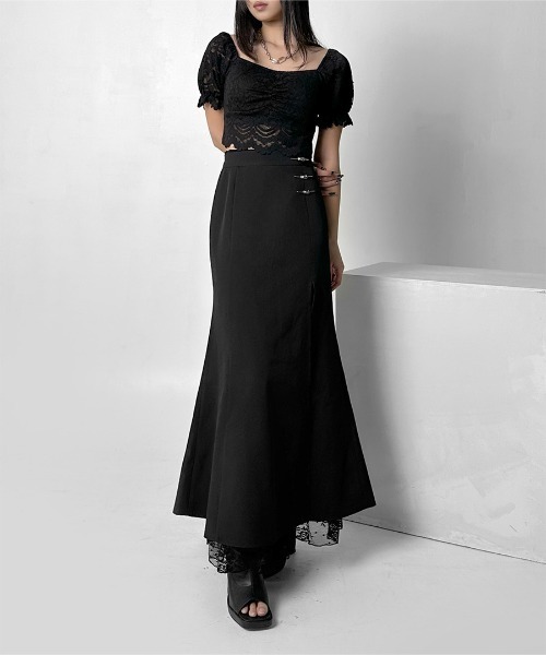 LVEU.（ラブユ.）の「【LVEU.】ピンデザインマーメイドスカート / ボトムス スカート スリットスカート ロング マーメイド ラップ ラップスカート ピン チャイナ モード ブラック（スカート・レディース・ブラック・FREE）」の3枚目の写真