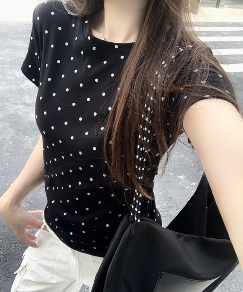 セール】WEGO/【水玉】ドット柄タイトクロップドトップス/半袖Tシャツ