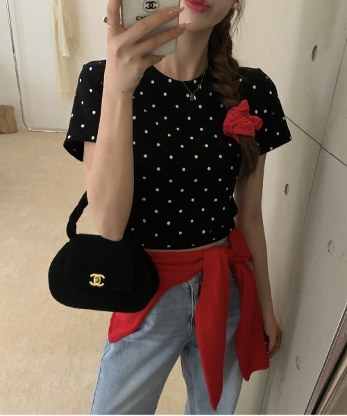WEGO(ウィゴー)の「WEGO/【水玉】ドット柄タイトクロップドトップス/半袖Tシャツ(Tシャツ/カットソー・レディース・ホワイト/グレー/ブラック・MEDIUM/LARGE)」の13枚目の写真