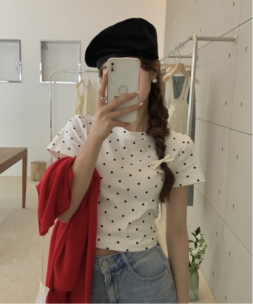 セール】WEGO/【水玉】ドット柄タイトクロップドトップス/半袖T
