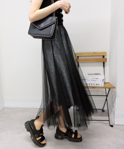 セール】グリッターラメ×チュール ロングフレアスカート