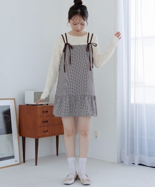 flower(フラワー)の「レイヤードチェックワンピース(ワンピース・レディース・イエロー/ブラウン・FREE)」の1枚目の写真