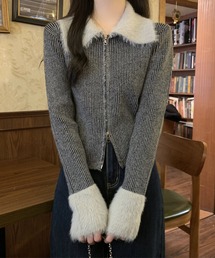 配色 ファー 襟付き ダブルジップ リブ ニット