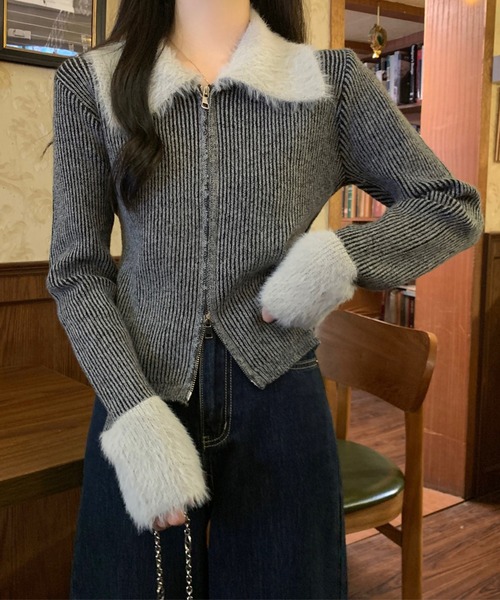 Lace Ladies（レースレディース）の「配色 ファー 襟付き ダブルジップ リブ ニット（カーディガン/ボレロ・レディース・ピンク/ブラウン/グレー・FREE）」の10枚目の写真