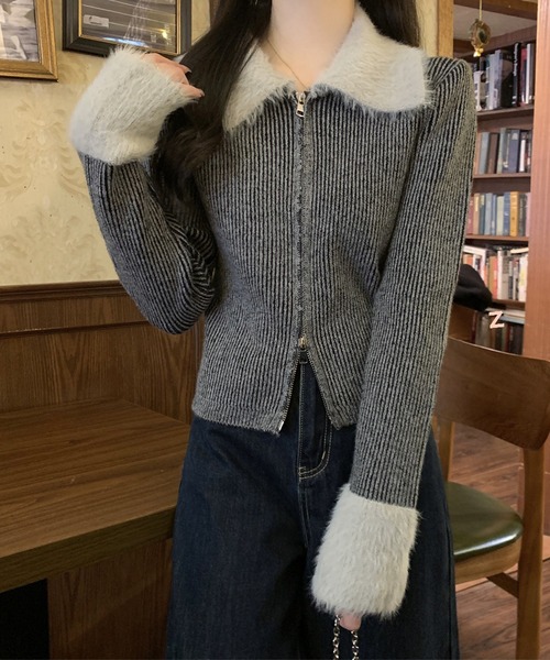Lace Ladies（レースレディース）の「配色 ファー 襟付き ダブルジップ リブ ニット（カーディガン/ボレロ・レディース・ピンク/ブラウン/グレー・FREE）」の11枚目の写真