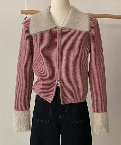 Lace Ladies（レースレディース）の「配色 ファー 襟付き ダブルジップ リブ ニット（カーディガン/ボレロ・レディース・ピンク/ブラウン/グレー・FREE）」の7枚目の写真