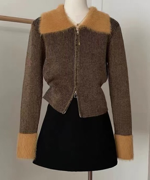 Lace Ladies（レースレディース）の「配色 ファー 襟付き ダブルジップ リブ ニット（カーディガン/ボレロ・レディース・ピンク/ブラウン/グレー・FREE）」の5枚目の写真