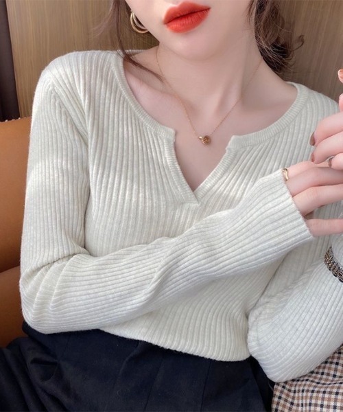Beststore(ベストストア)の「vネック ニットトップス セーター カットソー(ニット/セーター・レディース・ホワイト/ベージュ/アイボリー/ブラック/ブラウン系その他/グレー・FREE)」の3枚目の写真