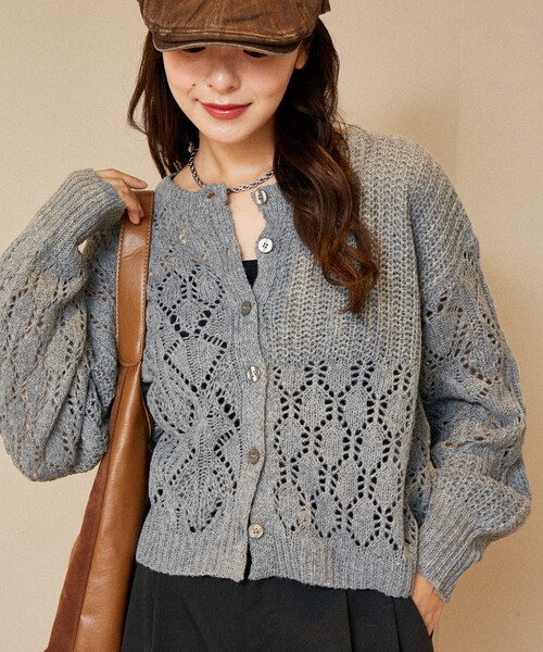 PUBLUX（パブリュクス）の「PUBLUX/パブリュクス パッチワーク 切替 カーディガン　限定展開（カーディガン/ボレロ・レディース・ブラウン/オフホワイト/グレー・ﾌﾘ-）」の2枚目の写真