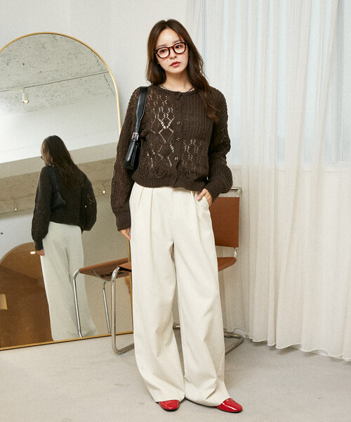 PUBLUX（パブリュクス）の「PUBLUX/パブリュクス パッチワーク 切替 カーディガン　限定展開（カーディガン/ボレロ・レディース・ブラウン/オフホワイト/グレー・ﾌﾘ-）」の6枚目の写真