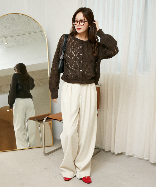 PUBLUX（パブリュクス）の「PUBLUX/パブリュクス パッチワーク 切替 カーディガン　限定展開（カーディガン/ボレロ・レディース・ブラウン/オフホワイト/グレー・ﾌﾘ-）」の9枚目の写真