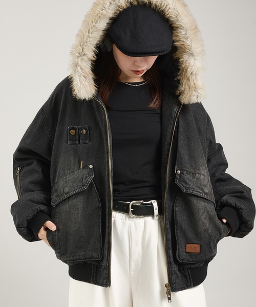 セール】ヴィンテージライクデニムフードファーブルゾン（ブルゾン