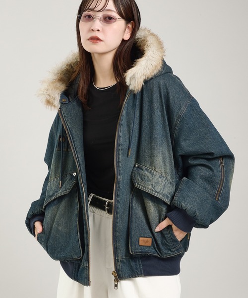 perushu ヴィンテージライクデニムフードファーブルゾン s ヴィンテージライクデニムフードファーブルゾン（ブルゾン）｜Perushu
