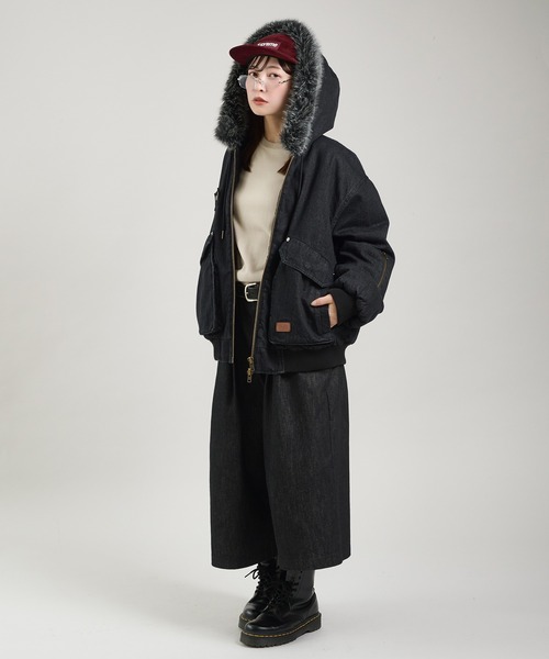 ヴィンテージライクデニムフードファーブルゾン（ブルゾン）｜Perushu