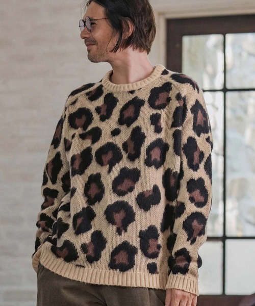 mn3190-Leopard Short Shaggy Crew Neck Knit Pullover ニット(CMP-252