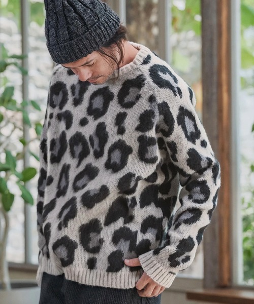 mn3190-Leopard Short Shaggy Crew Neck Knit Pullover ニット(CMP-252