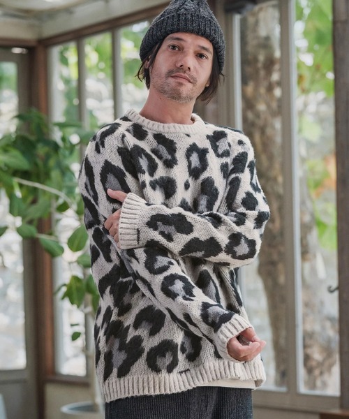 mn3190-Leopard Short Shaggy Crew Neck Knit Pullover ニット(CMP-252