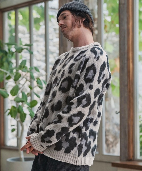 mn3190-Leopard Short Shaggy Crew Neck Knit Pullover ニット(CMP-252
