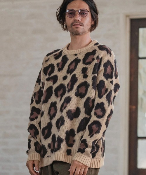 mn3190-Leopard Short Shaggy Crew Neck Knit Pullover ニット(CMP-252