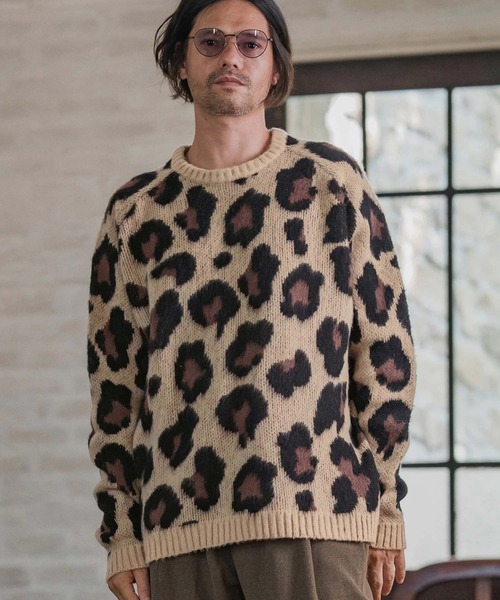 mn3190-Leopard Short Shaggy Crew Neck Knit Pullover ニット(CMP-252