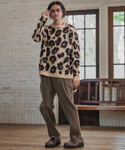 mn3190-Leopard Short Shaggy Crew Neck Knit Pullover ニット(CMP-252