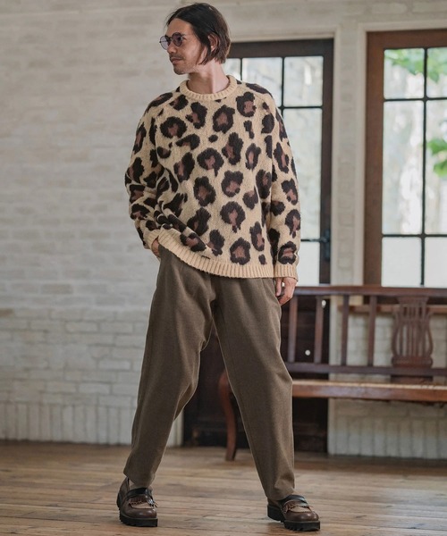 mn3190-Leopard Short Shaggy Crew Neck Knit Pullover ニット(CMP-252