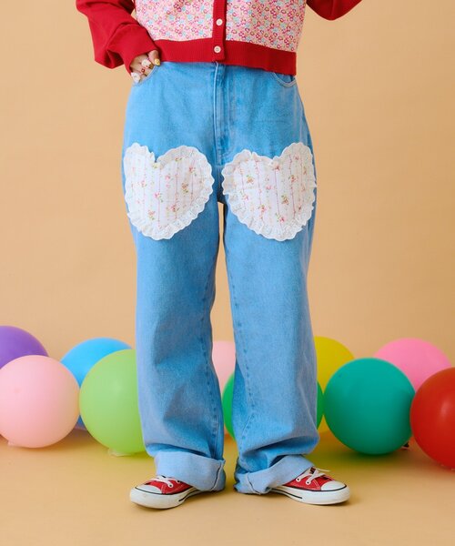 w closet(ダブルクローゼット)の「【あみこ企画】ハートパッチワークデニム(デニムパンツ・レディース・ブルー・FREE)」の3枚目の写真