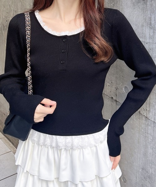 INGNI（イング）の「１２Ｇヘンリーネックフリルレース付ニット（ニット/セーター・レディース・グレー/ブラック/ボルドー・M）」の2枚目の写真