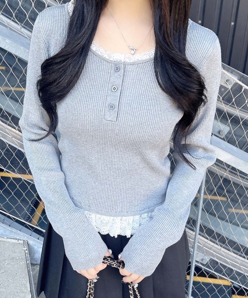 INGNI（イング）の「１２Ｇヘンリーネックフリルレース付ニット（ニット/セーター・レディース・グレー/ブラック/ボルドー・M）」の11枚目の写真