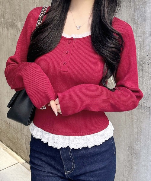 INGNI（イング）の「１２Ｇヘンリーネックフリルレース付ニット（ニット/セーター・レディース・グレー/ブラック/ボルドー・M）」の17枚目の写真