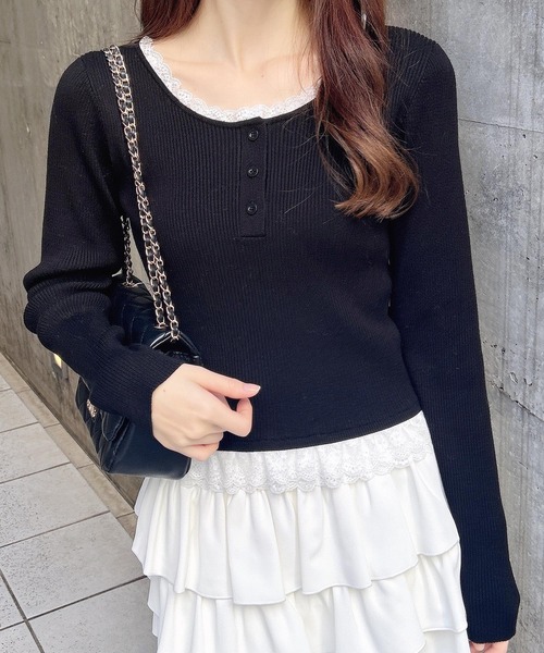 INGNI（イング）の「１２Ｇヘンリーネックフリルレース付ニット（ニット/セーター・レディース・グレー/ブラック/ボルドー・M）」の4枚目の写真