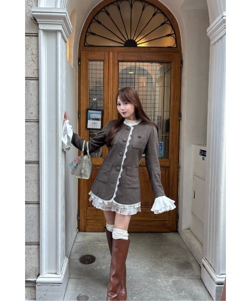 Lace Trim Ruffle Sleeve Jacket（ノーカラージャケット）｜MISTREASS