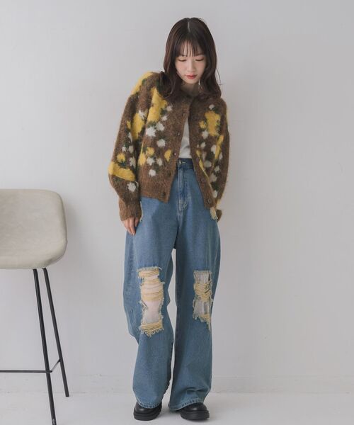 RETRO GIRL（レトロガール）の「花柄起毛NTカーデ（カーディガン/ボレロ・レディース・ブラウン/ライトグレー/ナチュラル・FREE）」の5枚目の写真