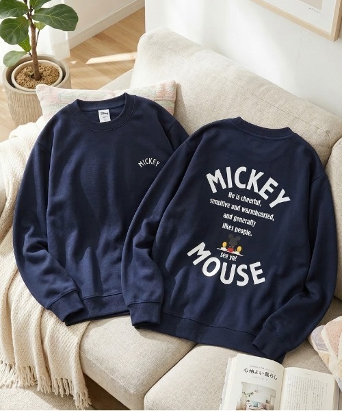 Disney（ディズニー）の「【DISNEY/ディズニー】ミッキーマウス　ダンボールニットクルーネックプリントトレーナー/ユニセックス（スウェット・レディース・スミクロ/オートミール/ネイビー/ライトグリーン・MEDIUM/LARGE）」の2枚目の写真