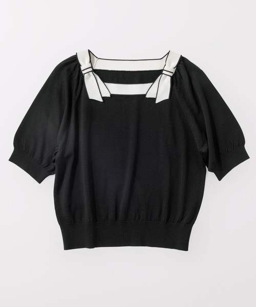 UNIVERVAL MUSE（ユニバーバル ミューズ）の「ノアストレッチⅡ_バイカラーリボンニット（ニット/セーター・レディース・オフホワイト/ブラック・2）」の2枚目の写真