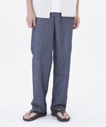 コットンリネンロングワイドデニムバンディングパンツインディゴブルー