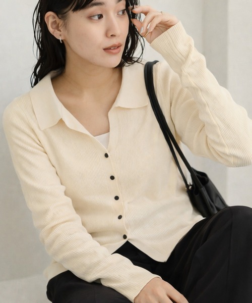 CRAFT STANDARD BOUTIQUE(クラフトスタンダードブティック)の「洗える/襟付きコンパクトリブニットカーディガン(カーディガン/ボレロ・レディース・サックスブルー/アイボリー/ベージュ/チャコールグレー・FREE)」の1枚目の写真