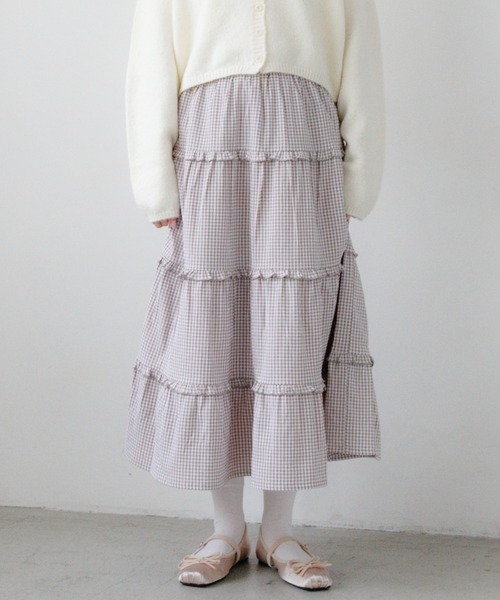 flower（フラワー）の「フリルギンガムスカート（スカート・レディース・ベージュ/ブラック・FREE）」の2枚目の写真