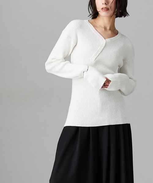 Soiunique（スワユニーク）の「斜めボタンデザインVネックリブニット ［Soiunique］（ニット/セーター・レディース・グリーン/ブラック/オフホワイト/杢グレー・M/L/LL）」の10枚目の写真