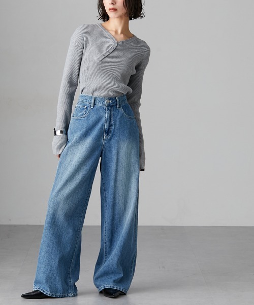 Soiunique（スワユニーク）の「斜めボタンデザインVネックリブニット ［Soiunique］（ニット/セーター・レディース・グリーン/ブラック/オフホワイト/杢グレー・M/L/LL）」の19枚目の写真