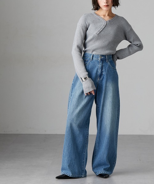 Soiunique（スワユニーク）の「斜めボタンデザインVネックリブニット ［Soiunique］（ニット/セーター・レディース・グリーン/ブラック/オフホワイト/杢グレー・M/L/LL）」の18枚目の写真