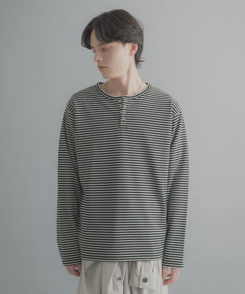 SENSE OF PLACE by URBAN RESEARCH(センスオブプレイスバイアーバンリサーチ)の「ボーダーヘンリーネックロングTシャツ(Tシャツ/カットソー・メンズ・アイボリー/ブラック/ホワイト系その他・MEDIUM/LARGE)」の4枚目の写真