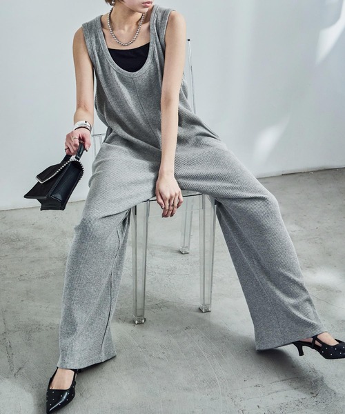 Fashion Letter(ファッションレター)の「針抜きテレコ リブニットオールインワン(サロペット/オーバーオール・レディース・カーキ/グレイッシュベージュ/ブラック/杢グレー・M)」の14枚目の写真