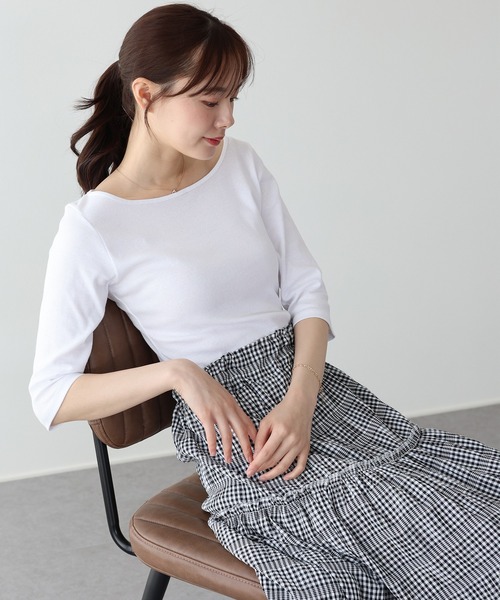 BLUEEAST(ブルーイースト)の「ボートネック7分丈カットソー(Tシャツ/カットソー・レディース・ホワイト/ブラック/グレー・MEDIUM)」の1枚目の写真